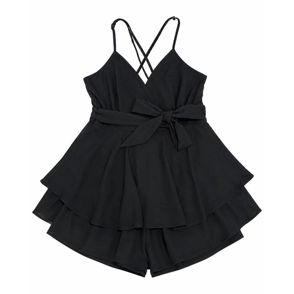 HIGH STREET Black V-Neck Ruffle Romper Small NWT Tie Waist